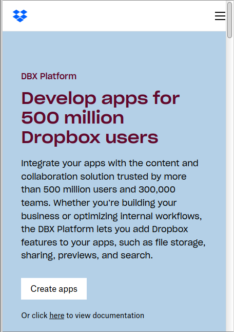 Image showing Dropbox's "create app" button