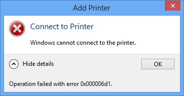 Windows cannot<br />
					      connect to the printer.<br />
					      Operation failed with<br />
					      error 0x000006d1