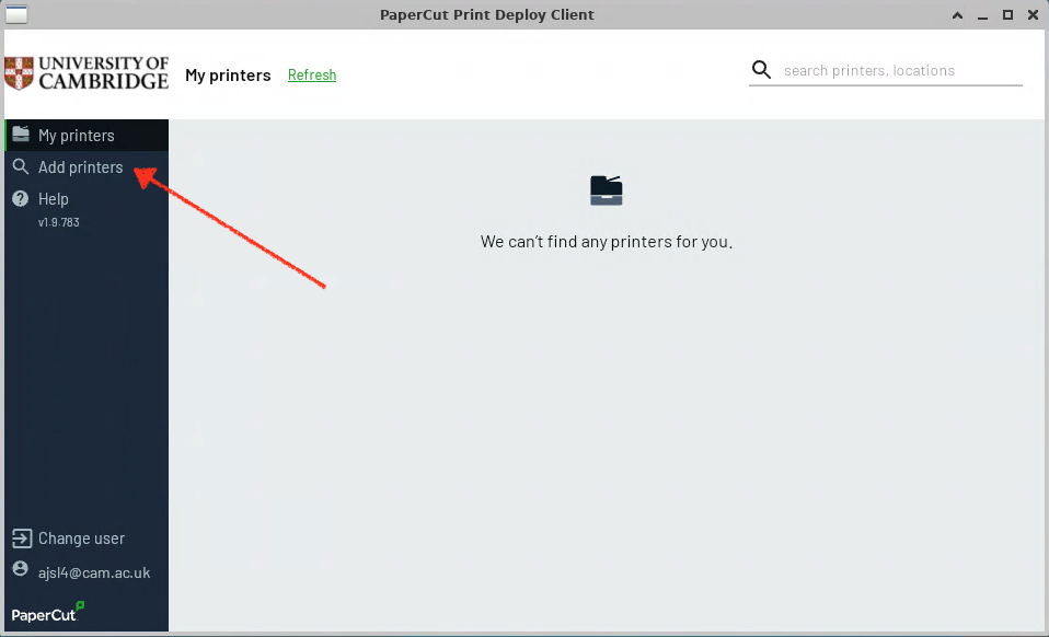 Printer window highlighting location of Add Printers menu item