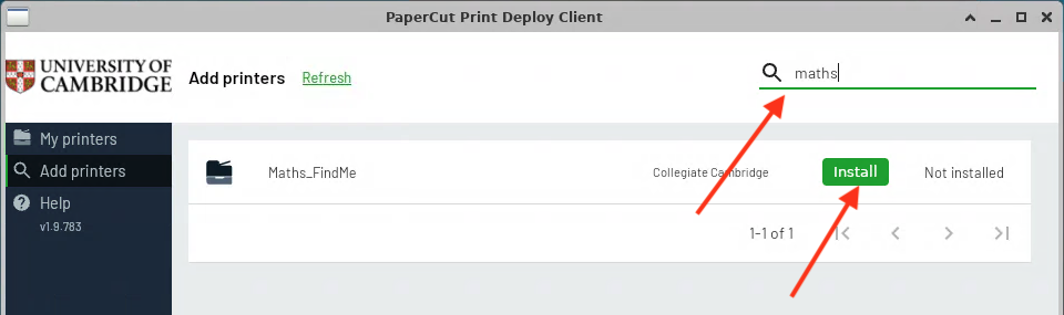 WIndow showing how to search for and install Maths_FindMe printer