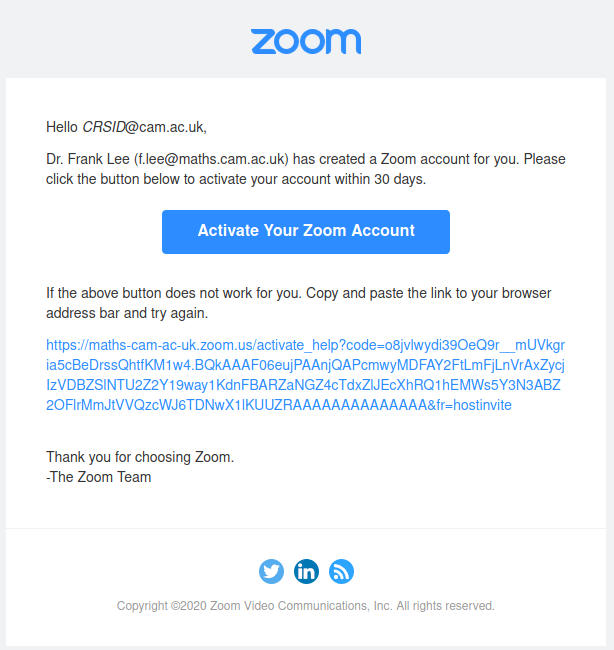 screenshot of Zoom invitation email. Text reads "Dr. Frank Lee has created a zoom account for you..."