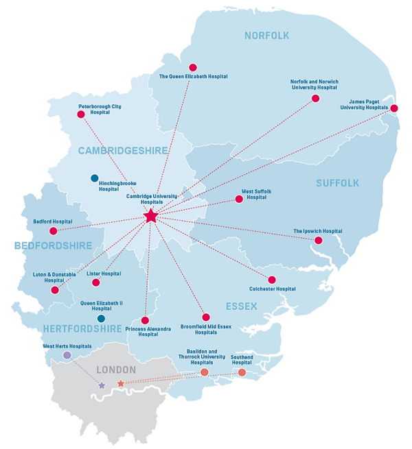 A map showing the East of England Trauma Network