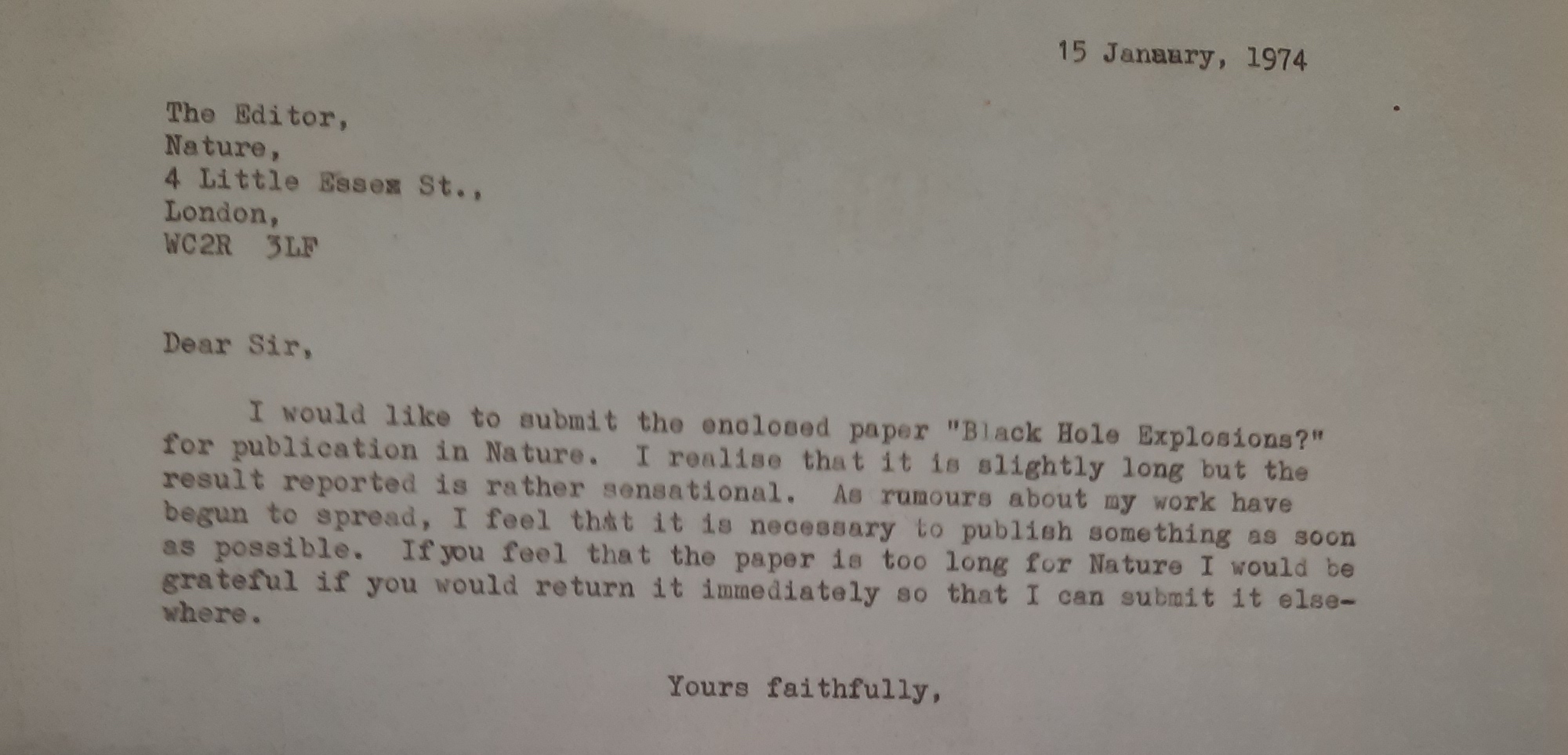 Submission letter for Hawking's paper on black hole radiation, 1974