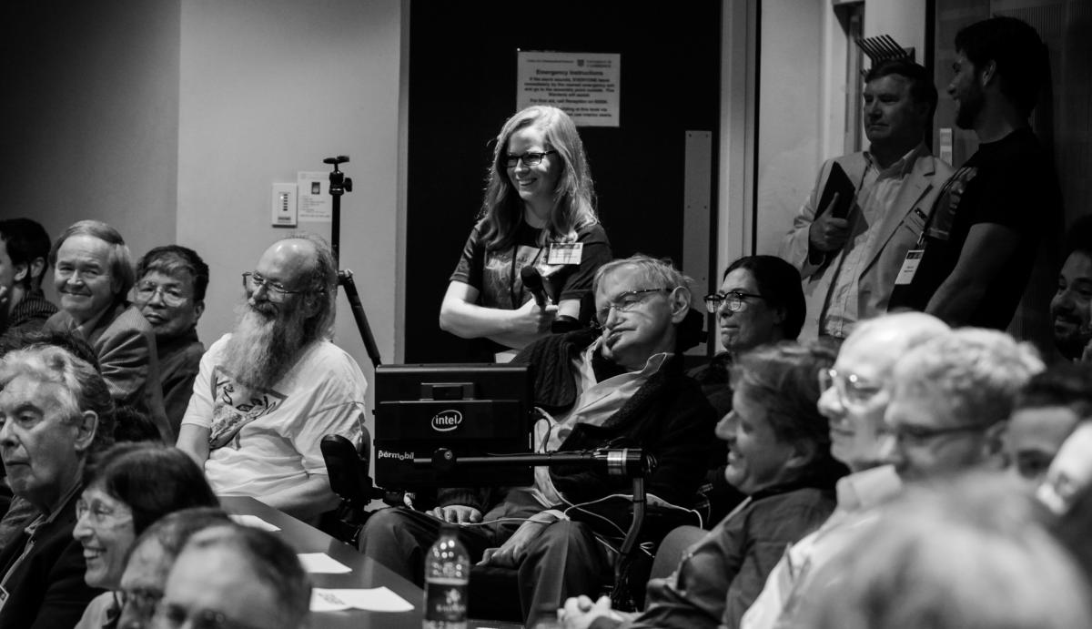 Professor Stephen Hawking, surrounded by scientific colleagues, at the international conference on 'Gravity and Black Holes' hosted in Cambridge in 2017 to mark his 75th birthday - image courtesy Tobias Baldauf